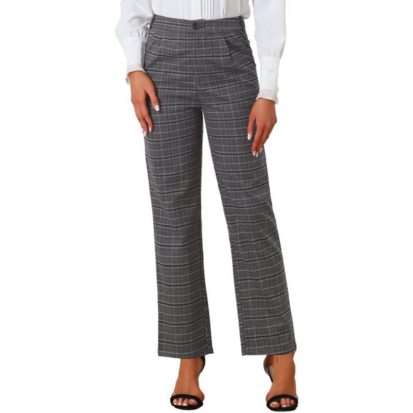 Allegra K Pants - Plaid Pants Elastic Waist Casual Work Office Long Trousers Dark Grey Black